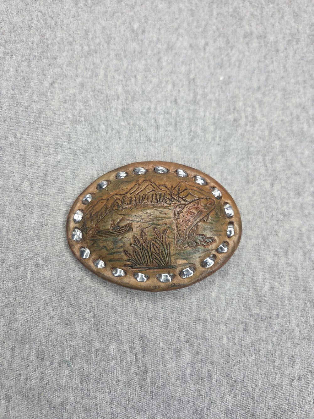 Handmade Leos Craft Idaho Copper Leather Belt Buckle Rhinestone Trout
